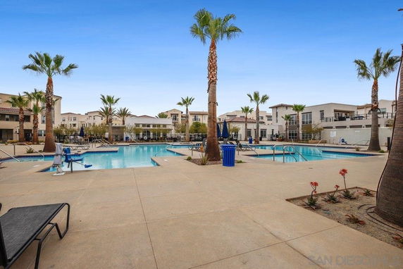 Outdoor swimming pool area with surrounding buildings and palm trees.