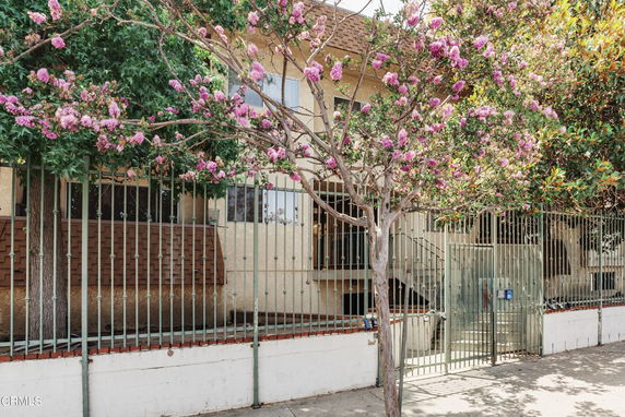 Front view of a building with a metal fence and blooming trees in front.
