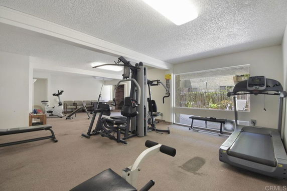 Indoor gym area with various exercise equipment like a treadmill and weight machines.