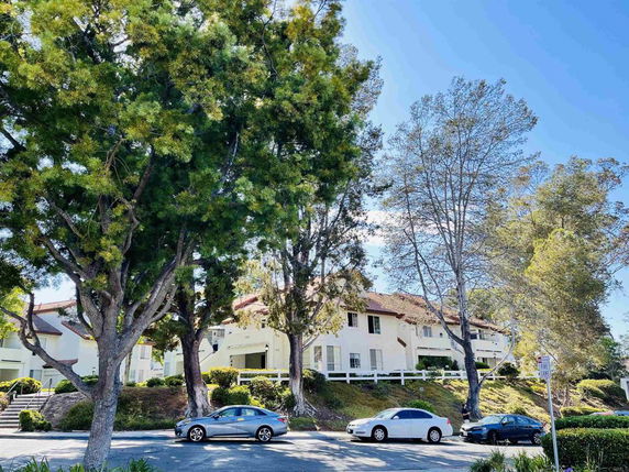 View of a residential building partially obscured by trees.
