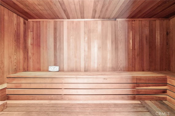 Interior view of a wooden sauna room.