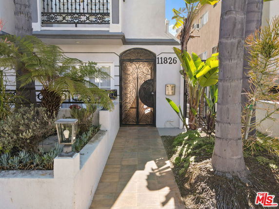 Front view of a building entrance with decorative iron door and plants.
