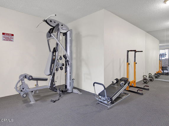 Interior view of a gym with exercise machines and weights.