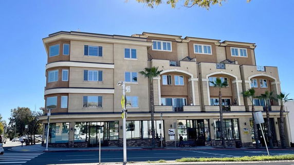 Front view of a multi-story building with large windows and palm trees in front.