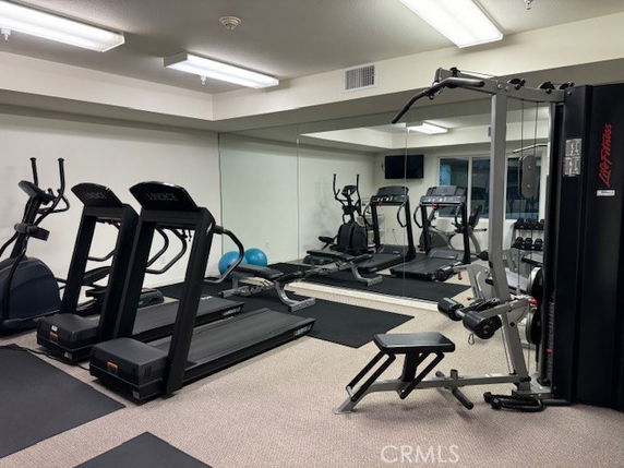 Indoor gym area with treadmills, elliptical machines, and weight equipment.
