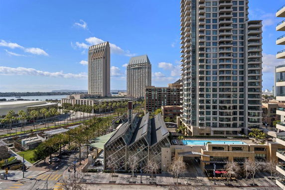 View of tall buildings with a waterfront in the background.