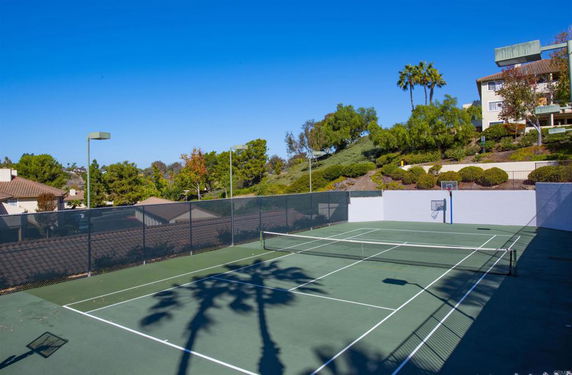 Tennis court with surrounding trees and houses.