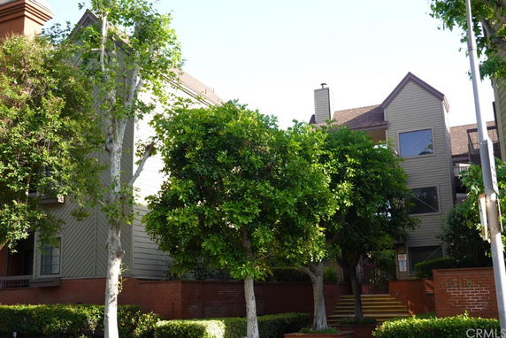 Front view of a multi-story residential building with trees in front.