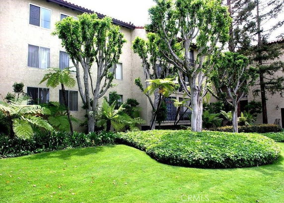 Front view of a multi-story building with trees and plants in the foreground.