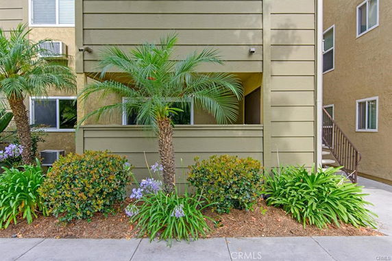 View of a multi-story building with beige siding and windows, surrounded by palm trees and bushes.