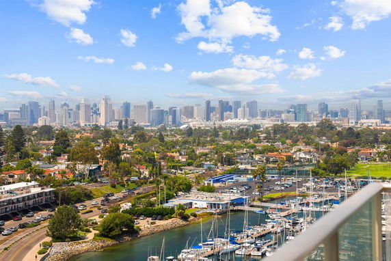 Panoramic view of a city skyline with buildings, marina, and residential areas.