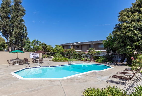 Outdoor swimming pool surrounded by lounge chairs and umbrellas.