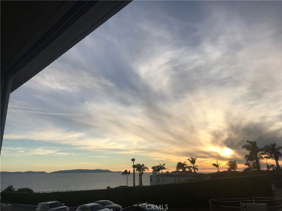 Panoramic ocean view with sunset and palm trees.