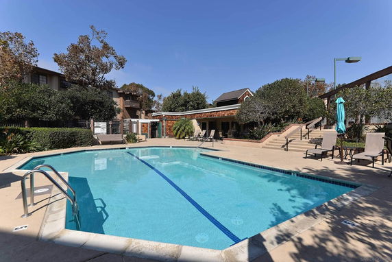 Outdoor swimming pool area with surrounding greenery and seating.