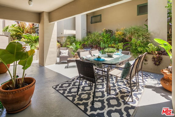 Outdoor patio area with a dining table and chairs, surrounded by plants.