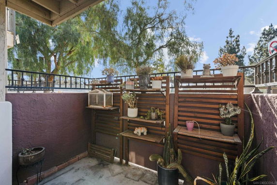 Small outdoor patio area with wooden shelves holding potted plants.