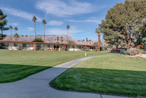 Front view of a single-story house with a wide grassy lawn and palm trees.