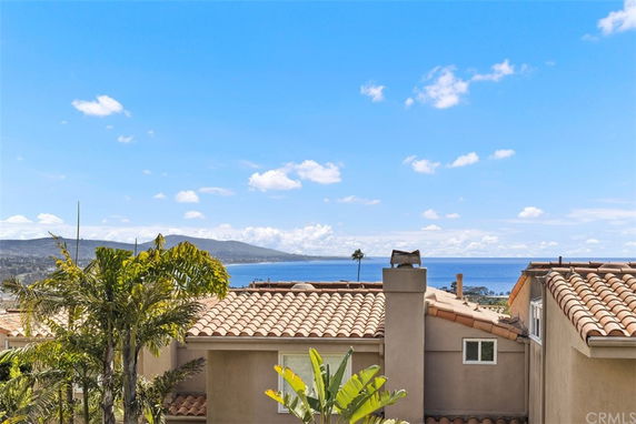 Panoramic view of the ocean visible over rooftops.
