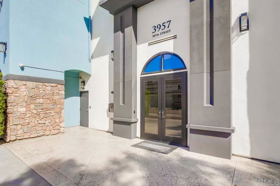 Front view of a modern building entrance.