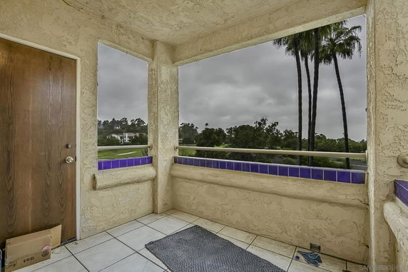 View of surrounding greenery and palm trees from a covered patio.