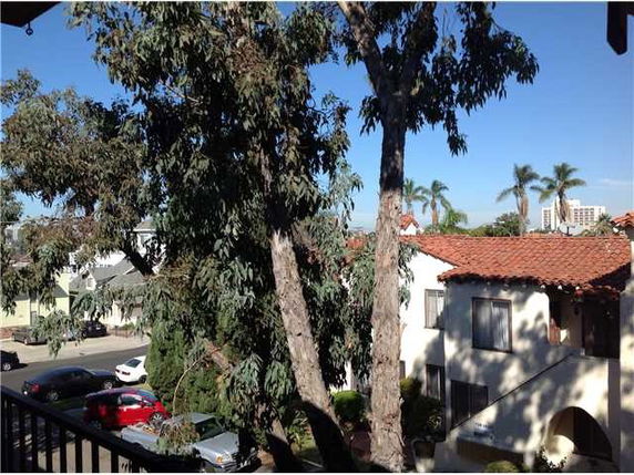 View of nearby buildings and trees from a higher vantage point.