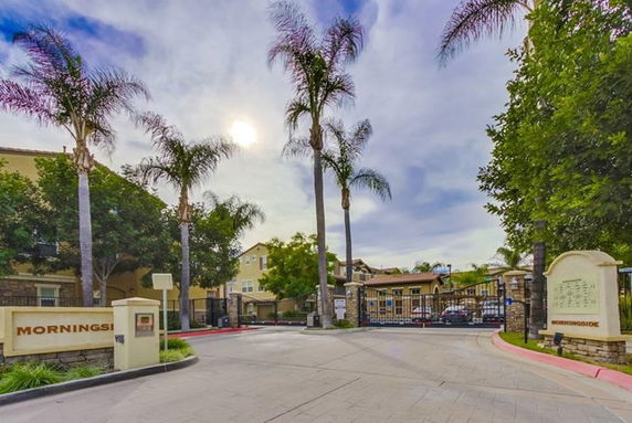 Front view of a gated residential community entrance with palm trees.