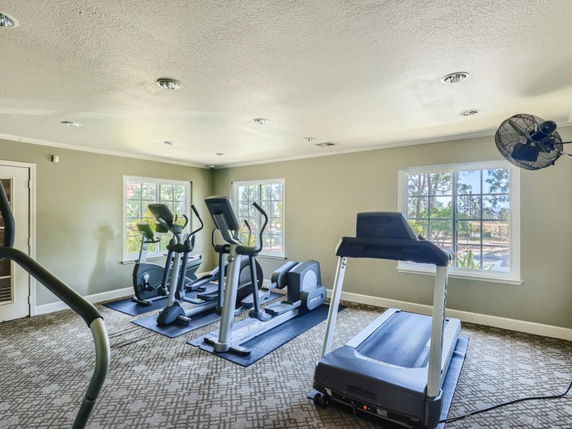 Indoor gym area with exercise machines like treadmill and elliptical trainers.