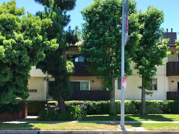Front view of a multi-story residential building with balconies and surrounded by trees.