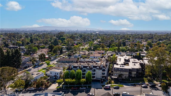 Aerial view of a residential area with various buildings and trees, extending towards a distant horizon.