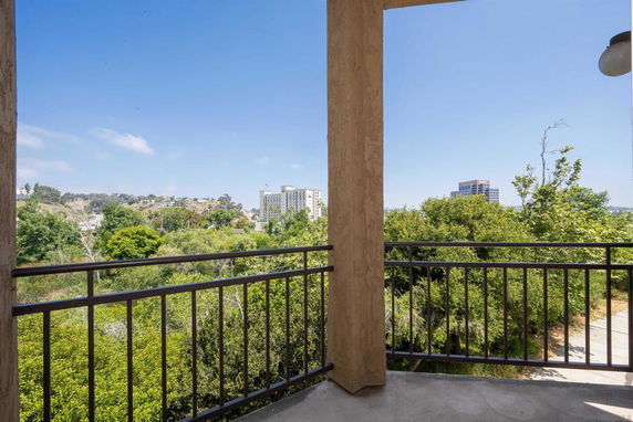 View from a balcony overlooking green trees and distant buildings.