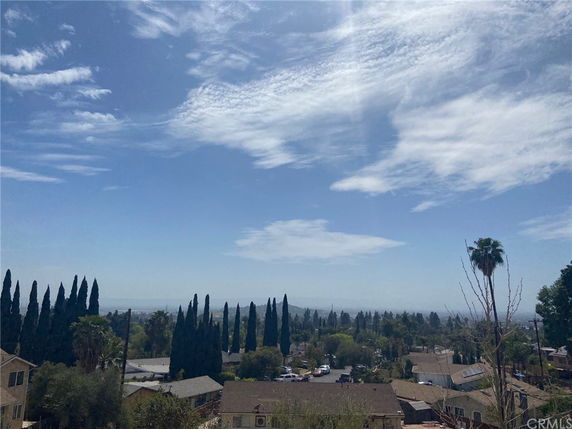 Scenic view of a residential area with trees and houses under a cloudy sky.