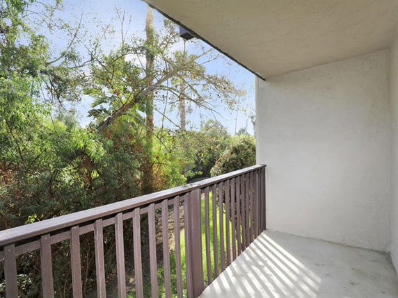 View from a balcony showing trees and greenery.