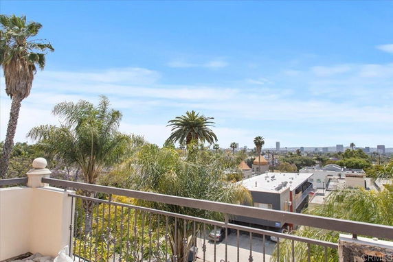 Panoramic view from a rooftop with trees and buildings in the distance.