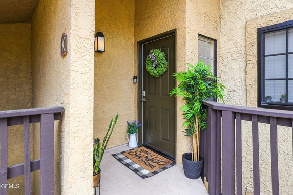 Front entrance area of a house with a decorated door and potted plants.