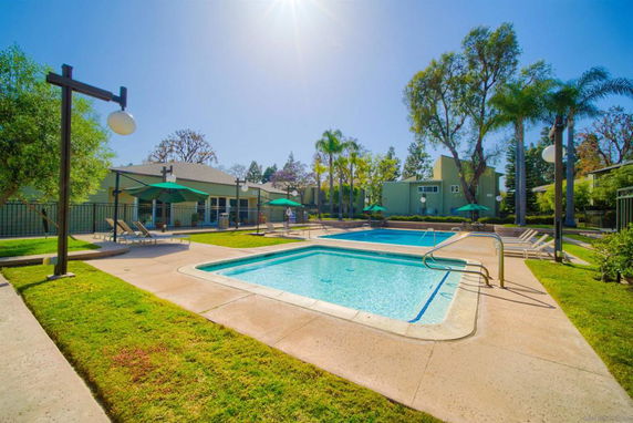 Outdoor swimming pool area with surrounding greenery and lounge chairs.