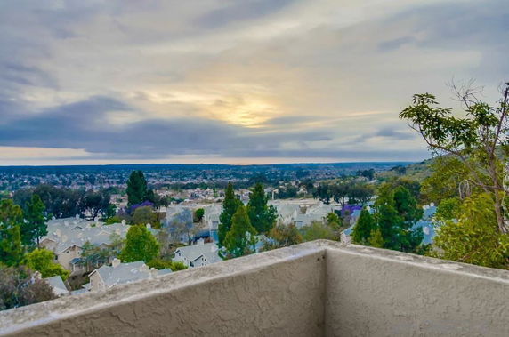 Panoramic view from a building overlooking a residential area with trees and homes in the distance.
