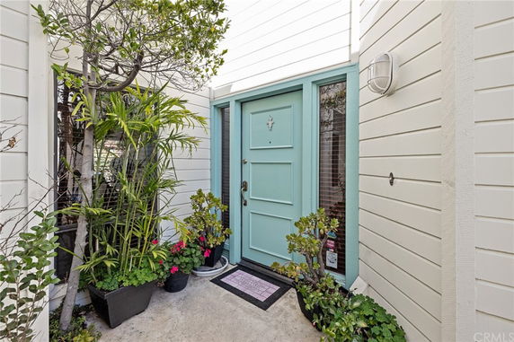 Front view of a house entrance with a light blue door and potted plants.