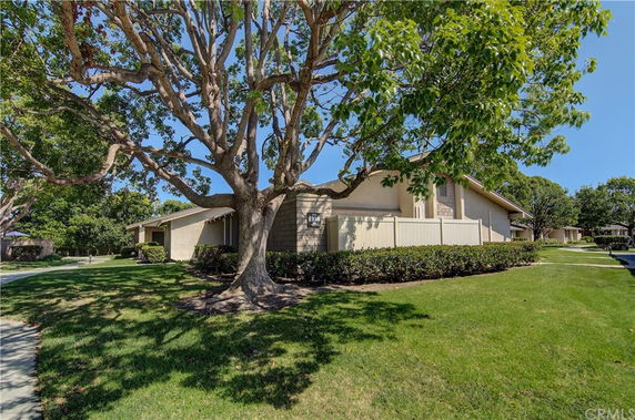 Front view of a single-story house with a large tree in front.