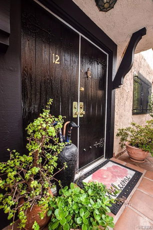 Entrance door of a house with number 12, flanked by decorative plants and a welcome mat.