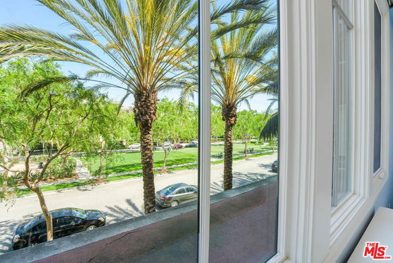 View from a building window showing a street lined with palm trees and parked cars.