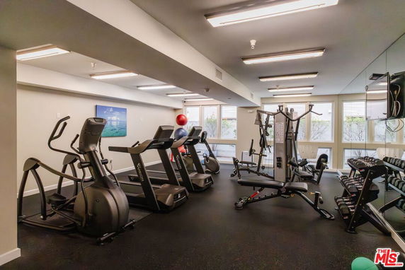 Indoor gym area with exercise equipment and weights.