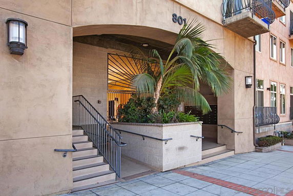 Front view of a building with steps and potted plants near the entrance.