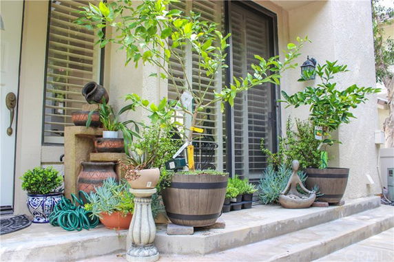 Front view of a house entrance with potted plants.