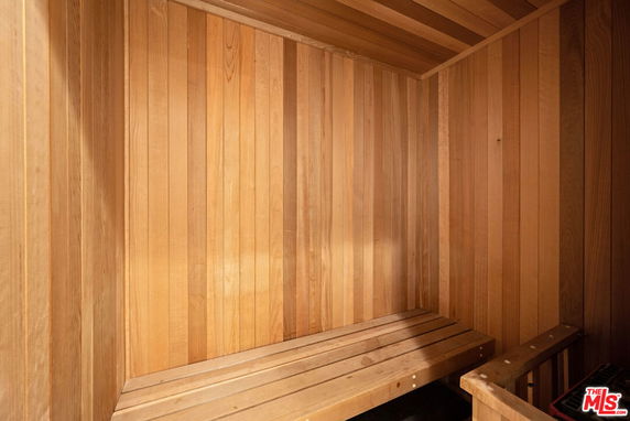Interior view of a wooden sauna room.
