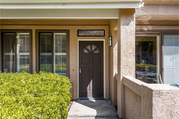 Front view of a house entrance with a brown door and adjacent windows.