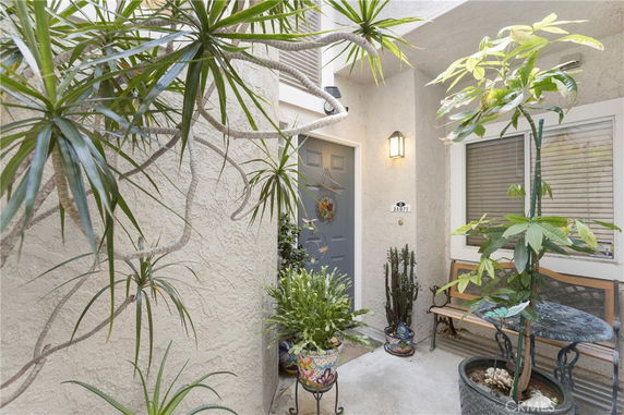 Entryway of a house with blue door and plants