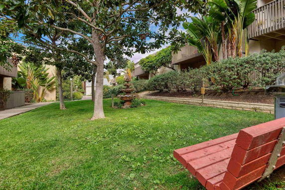 Garden area with trees and a water fountain near buildings.
