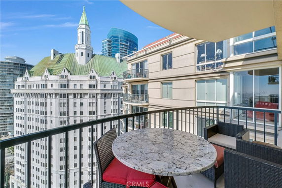 Panoramic view from a balcony overlooking buildings in a cityscape.