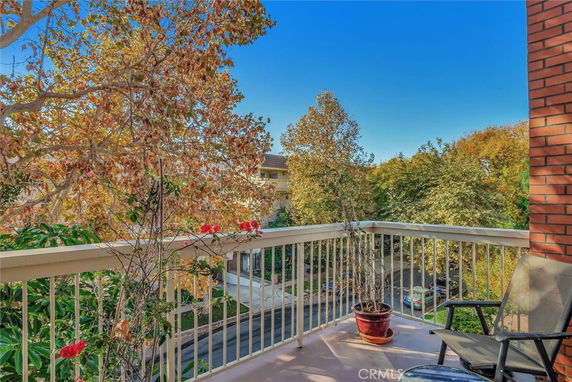 View from a balcony showing trees and a street below.