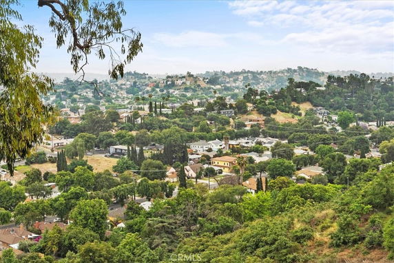 Panoramic view of a residential area with hills in the background.